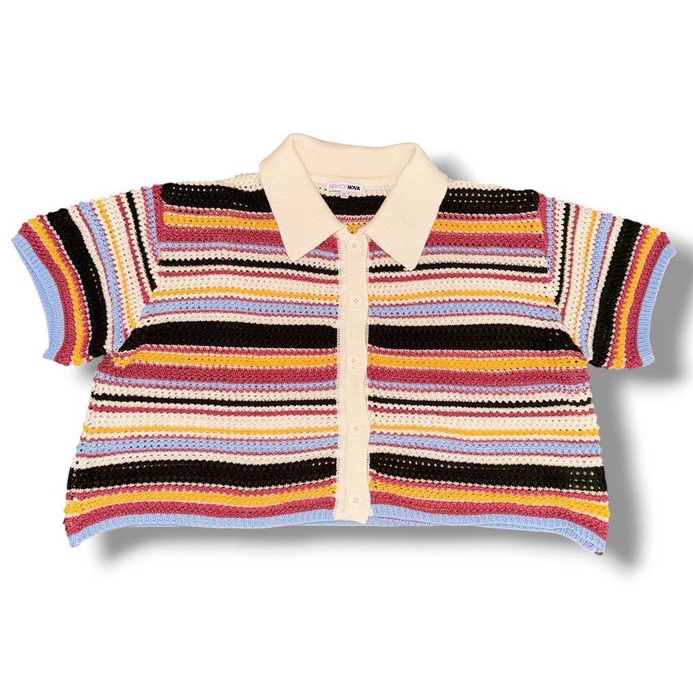 Fashion Nova Polo Cardigan Women 2X Multicolor Striped Crochet Knit Button Up